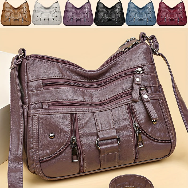 Women's Synthetic Leather Crossbody Bag with Anti-Theft Zipper and Adjustable Strap