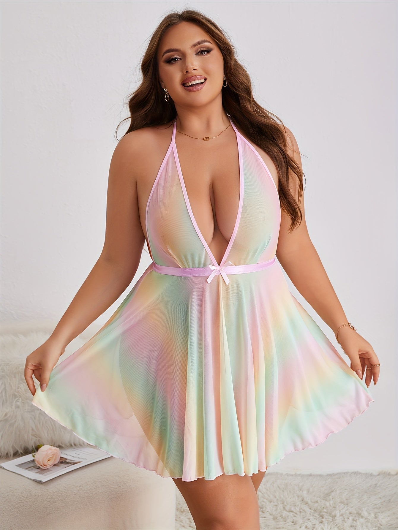 Plus Size Women’s Mesh Lingerie Dress Set Deep V Backless Babydoll Two Piece