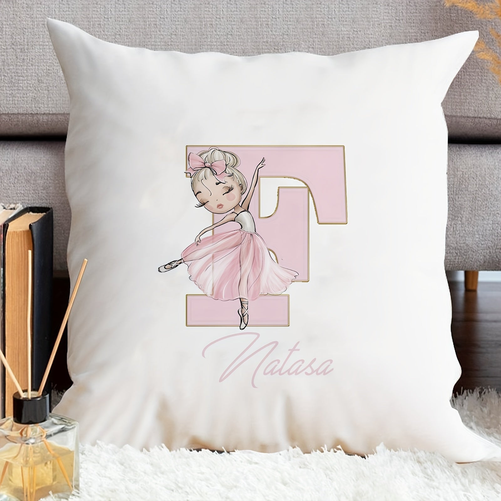 Shaxsiylashtirilgan samoviy yostiq qopqog'i, balet qiz dizayni bilan, pushti harflar, divan uchun dekor, bitta tomonli bosma