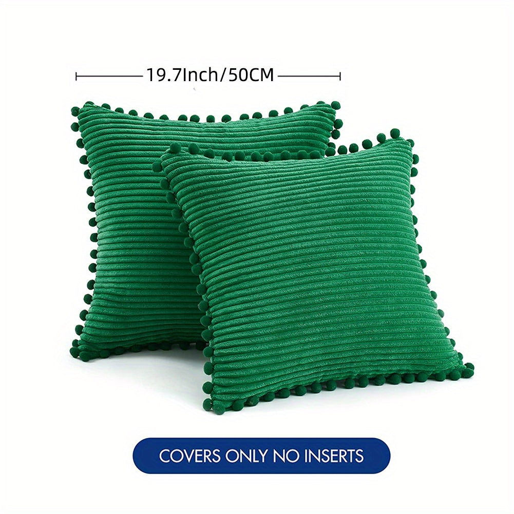 Набор из 2-х бохо наволочек для подушек с помпонами и акцентом из вельвета. Сплошные квадратные подушки для различных пространств. (18x18 дюймов/45x45 см). ВКЛЮЧЕНИЯ НЕ ВХОДЯТ.