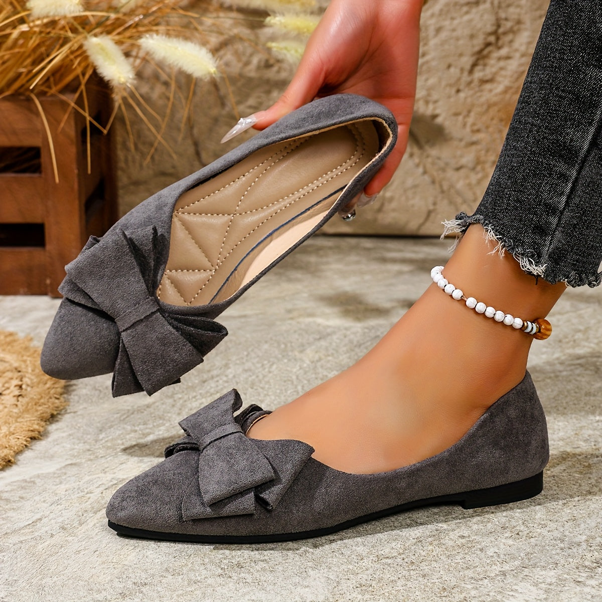 Women Black Bowknot Mary Jane Flats Leather Pointed Toe Slip-On Shoes