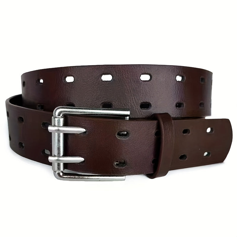 Unisex Double Pin Buckle Belt with Hollow Out Design Adjustable Waistband for Jeans