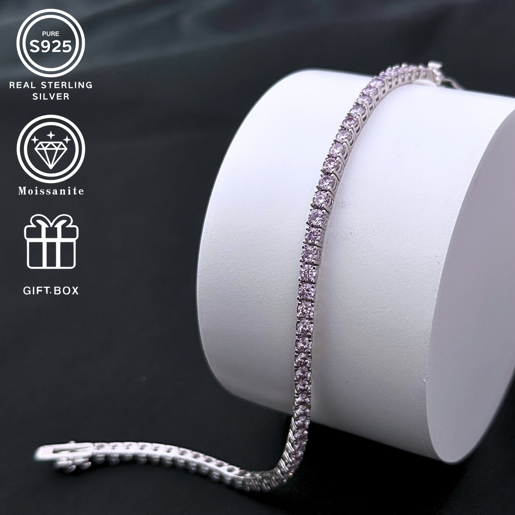 Pink Sparkling Moissanite Silver Bracelet 9.6G Elegant Jewelry Gift