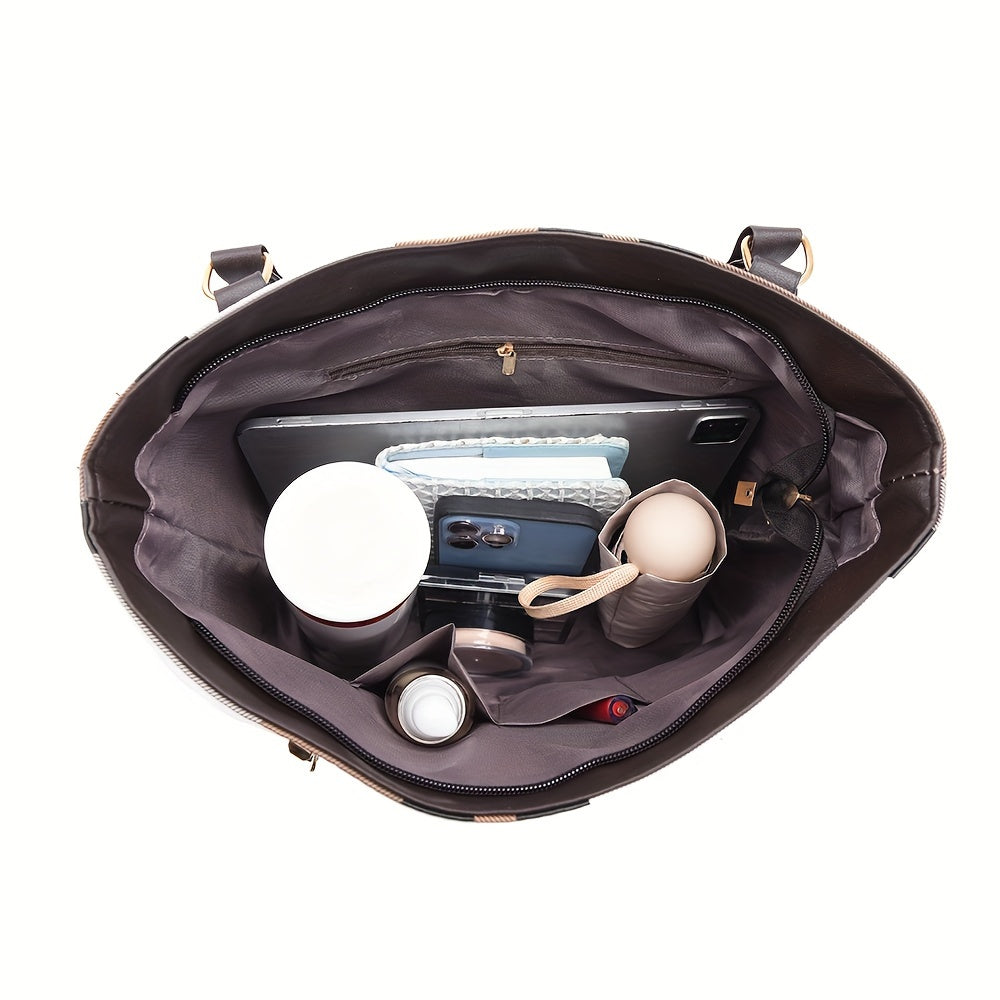 Checkered Faux Leather Handbag Set for Women with Tote Crossbody Shoulder Bags