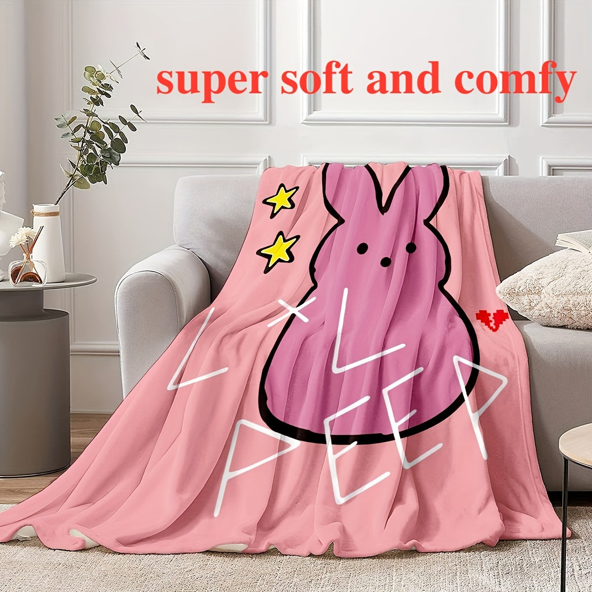 Pink Flannel Throw Blanket with Cartoon Bunny Design for Cozy Home Decor