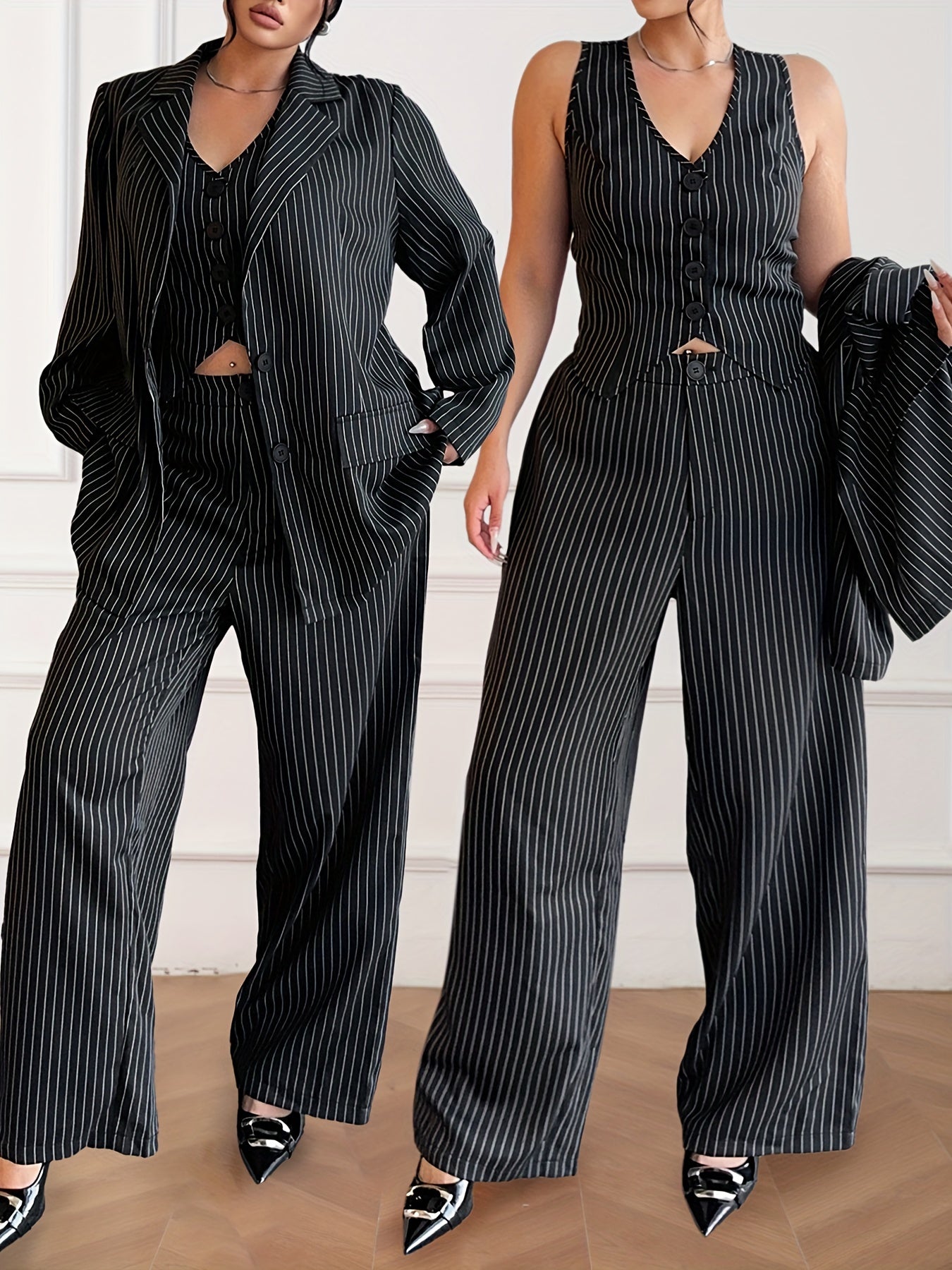 Women's Striped Woven Polyester Suit Set with Long Sleeve Jacket V-Neck Vest and Trousers