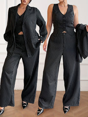 Women's Striped Woven Polyester Suit Set with Long Sleeve Jacket V-Neck Vest and Trousers