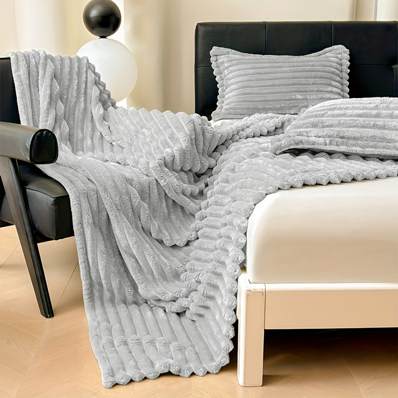 Cozy Ribbed Knit Throw Blanket and Pillowcase Set Grey Stripe Soft Warm Thick