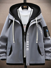 Men's Lightweight Preppy Hooded Jacket with Zipper Closure and College Letter Pattern