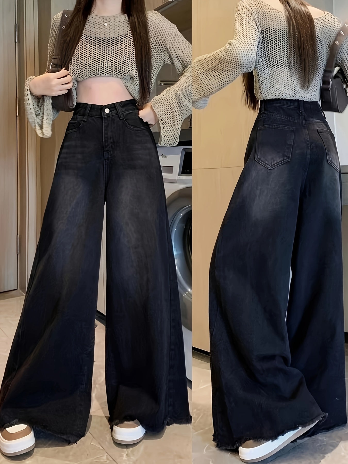 Plus Size High-Waist Wide-Leg Denim Jeans for Women Black Gray Frayed Hem