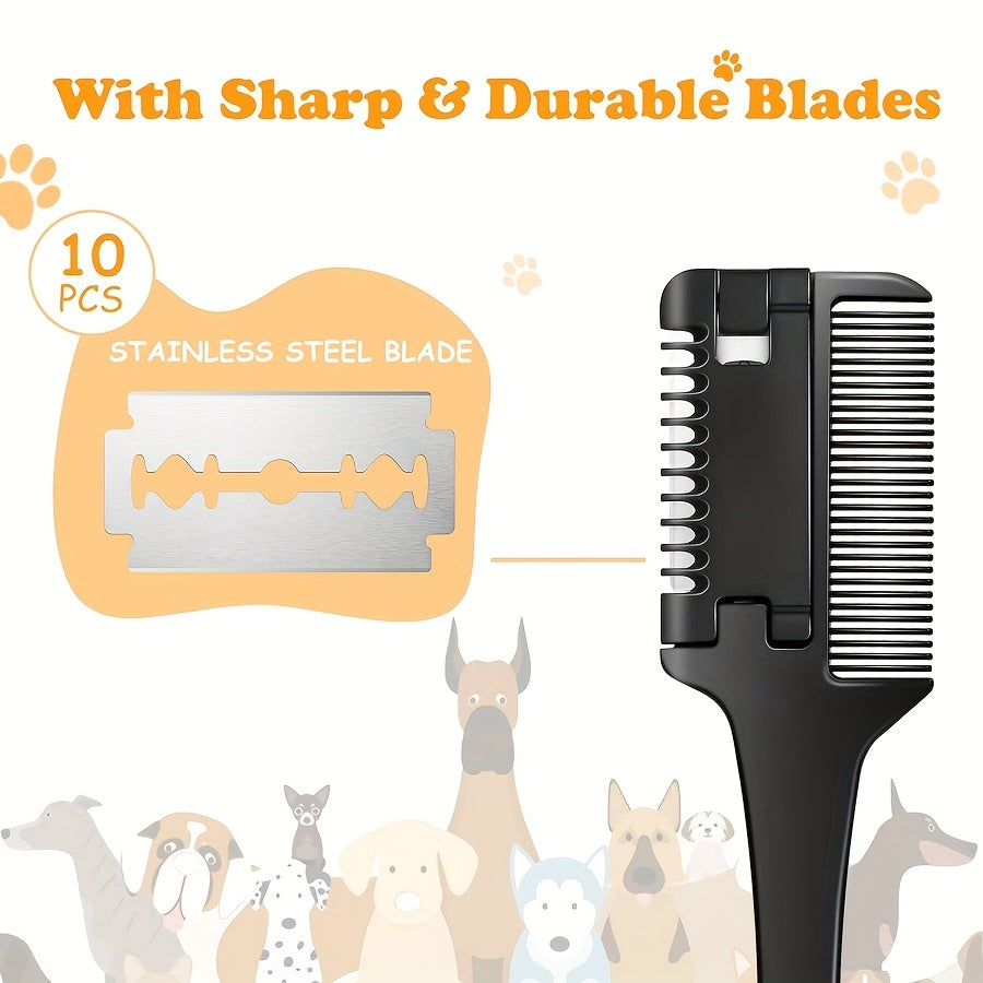 Pet Razor Comb with 10 Replacement Blades for Dog Grooming Safe Shedding and Thinning
