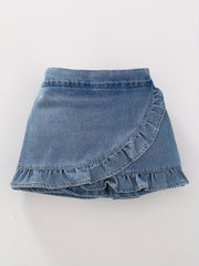 Denim Culottes Skirt for Women with Ruffle Detail Solid Summer Casual