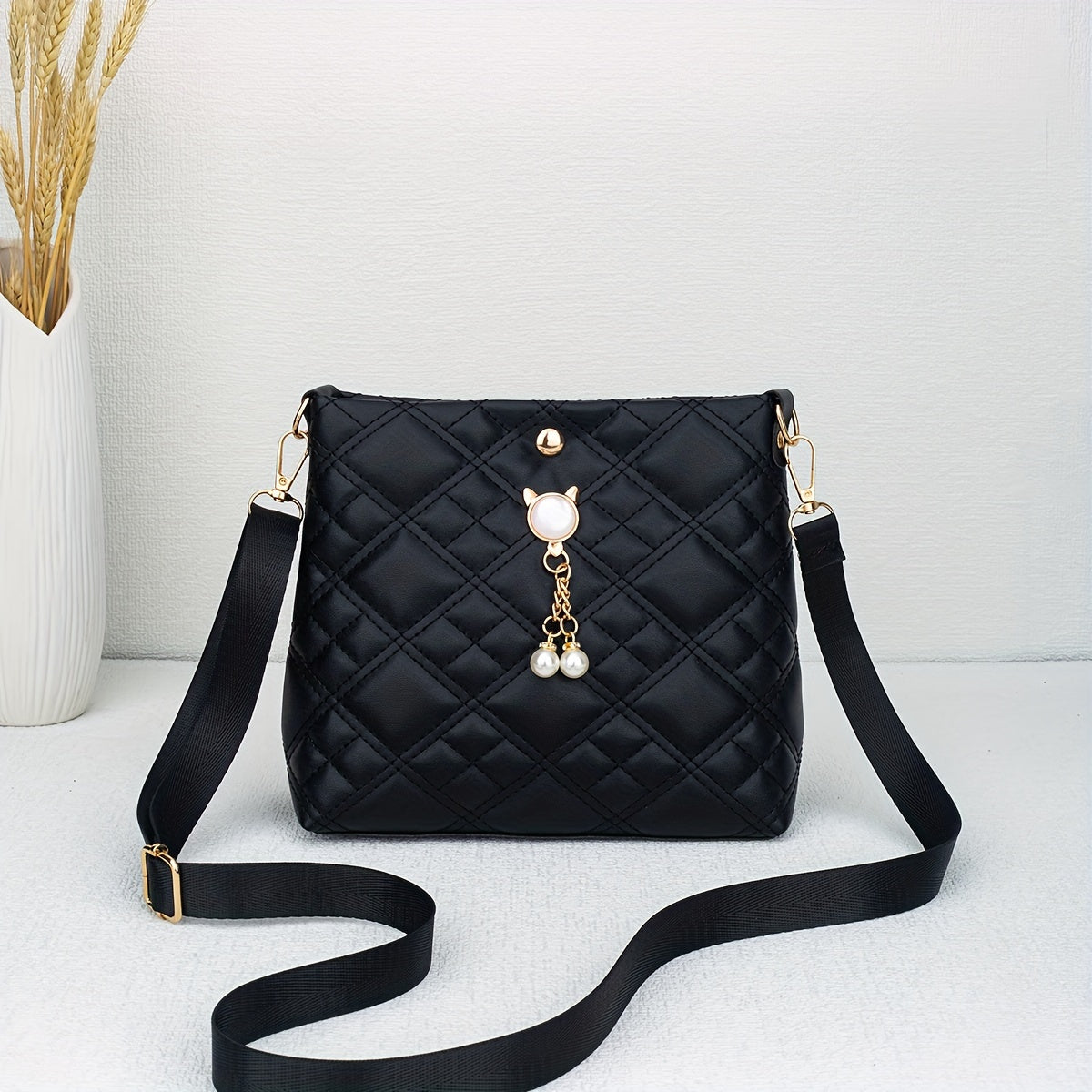 Quilted Crossbody Bag with Adjustable Strap Faux Pearl Embellishment Chevron Pattern in Khaki White Pink Black