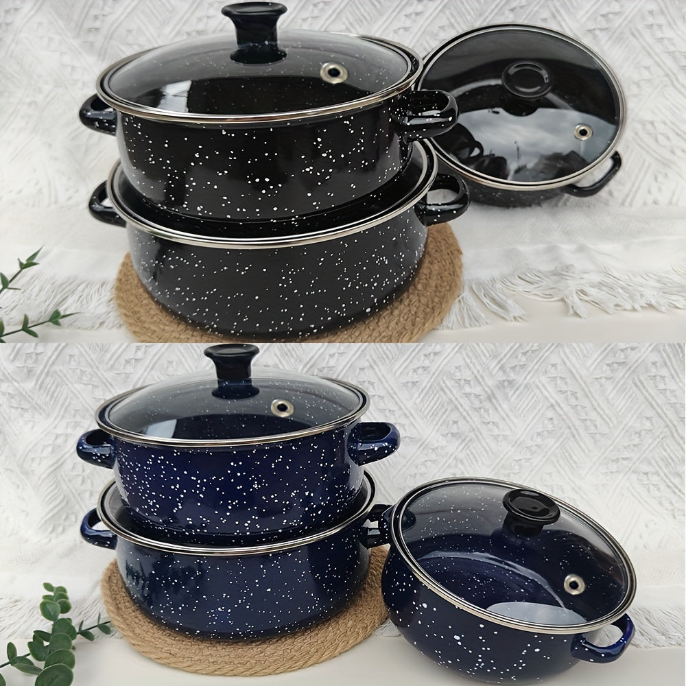 Enamel Cookware Set with Glass Lids, 6-Piece Lightweight Pots for Versatile Cooking