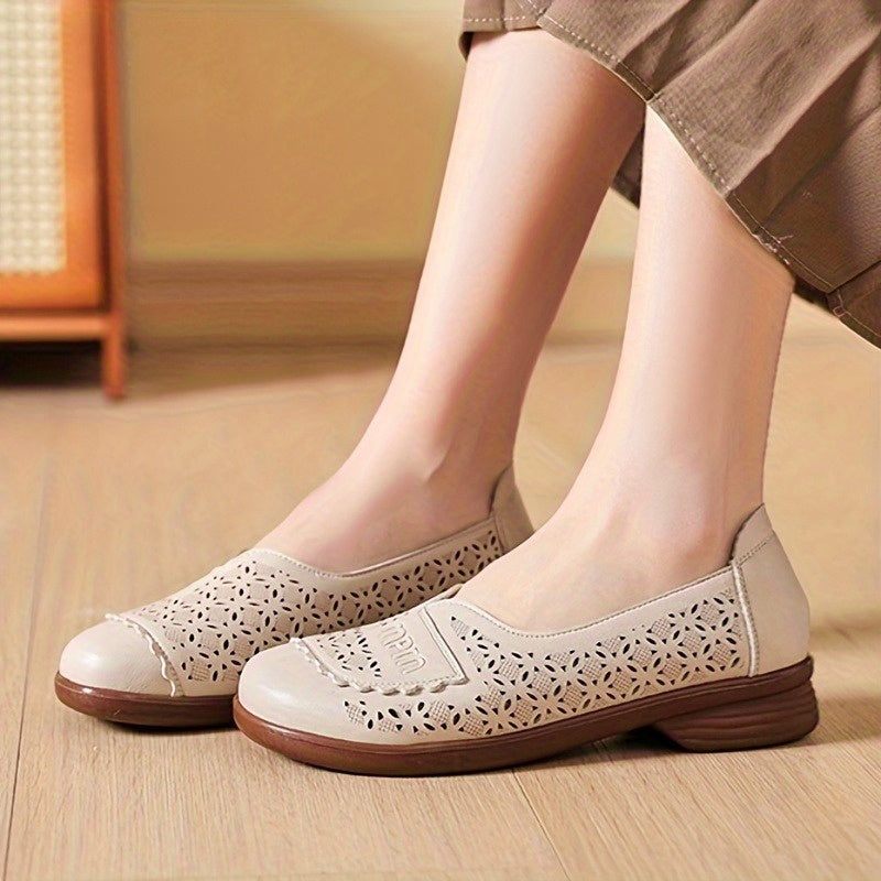 Women's PU Hollow-Out Flat Shoes Casual Slip-On Loafers Breathable Flats