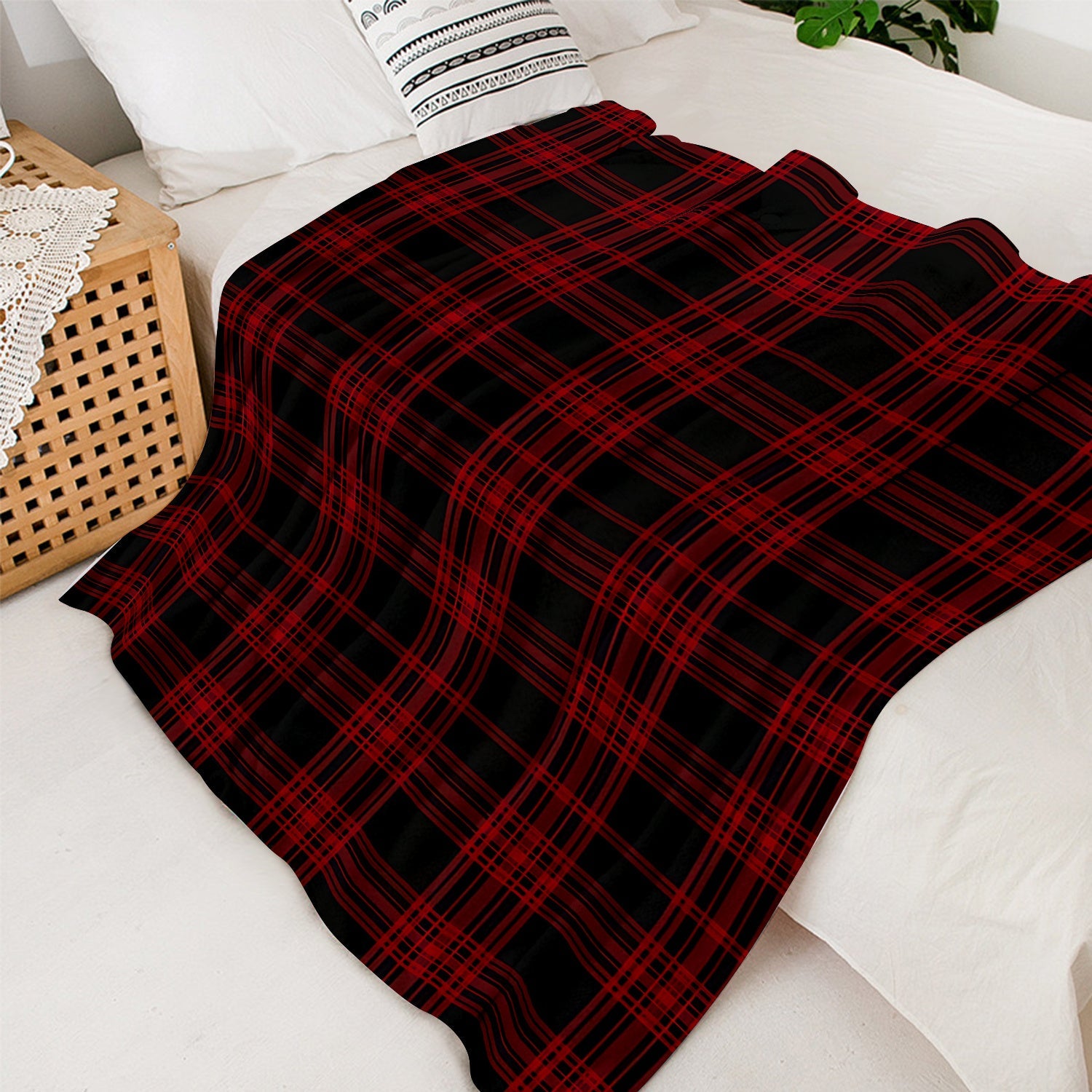 Red and Black Plaid Throw Blanket for Couch Bed and Office Use