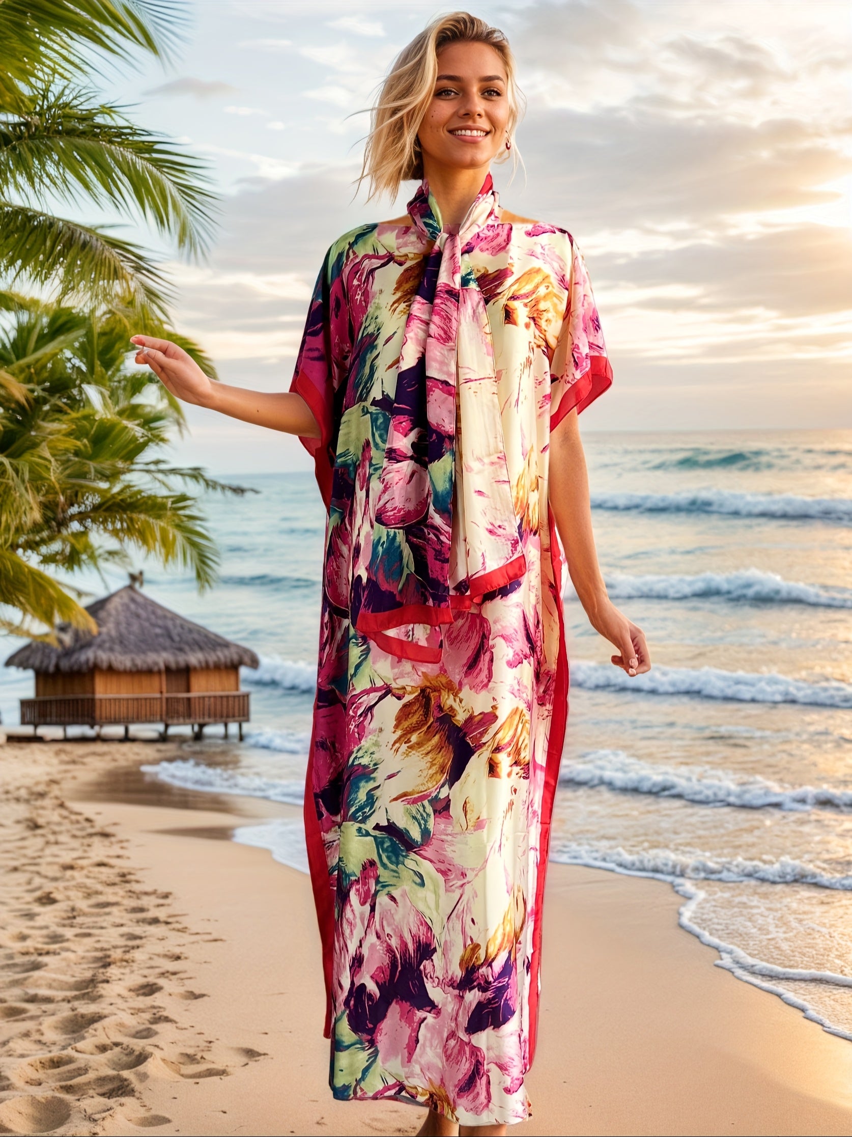 Plus Size Floral Print Maxi Dress with Scarf for Women Pink White Batwing