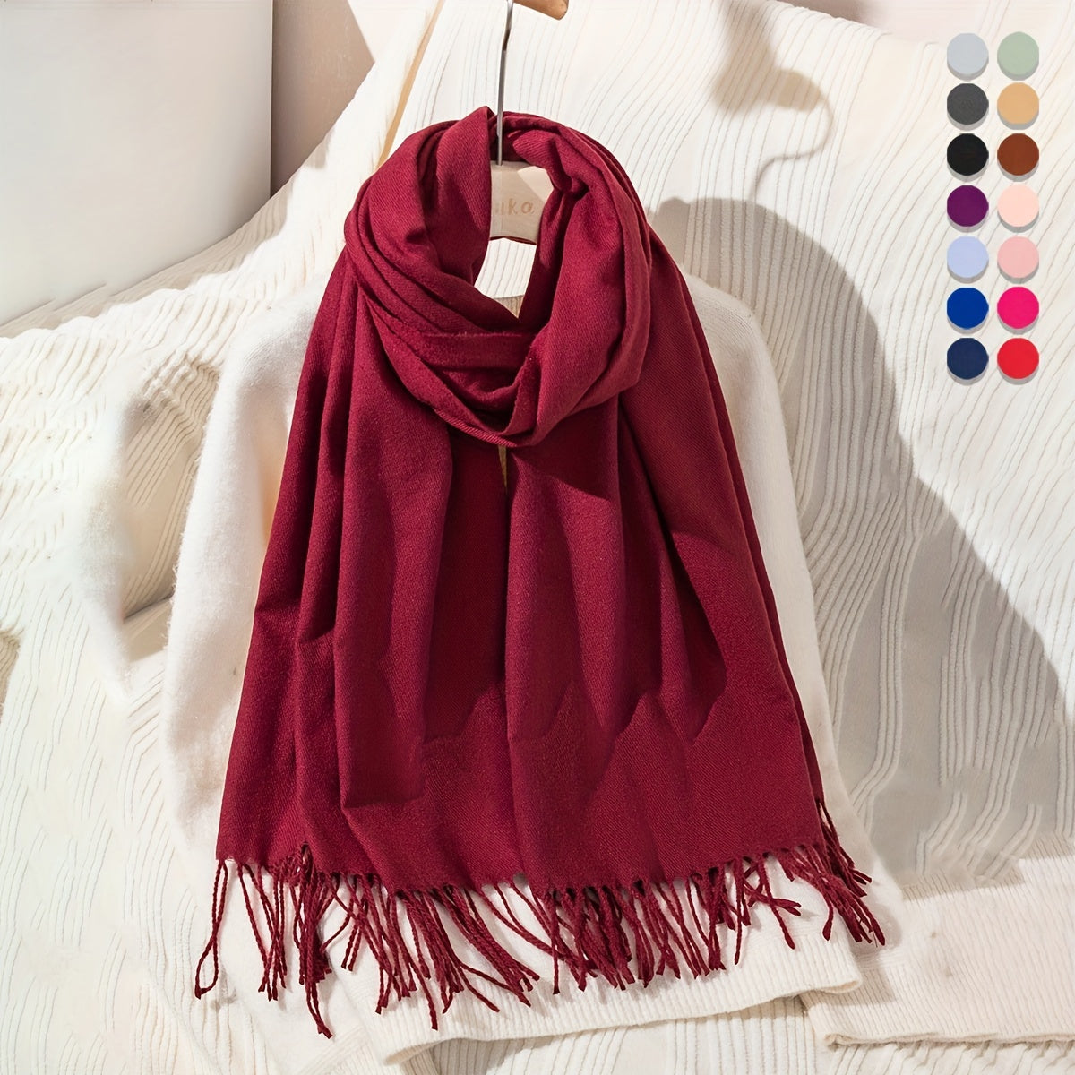 Women's Solid Color Scarf with Tassels Polyester Shawl for Casual Wear in Maroon Blue
