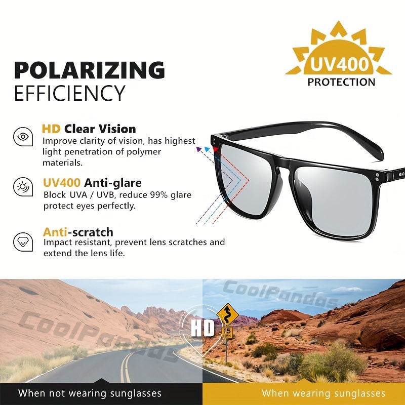 Erkaklar va ayollar uchun kvadrat shaklidagi Photochromic ko'zoynaklar, polarizatsiyalangan, kechqurun haydash uchun anti-yorqinlik