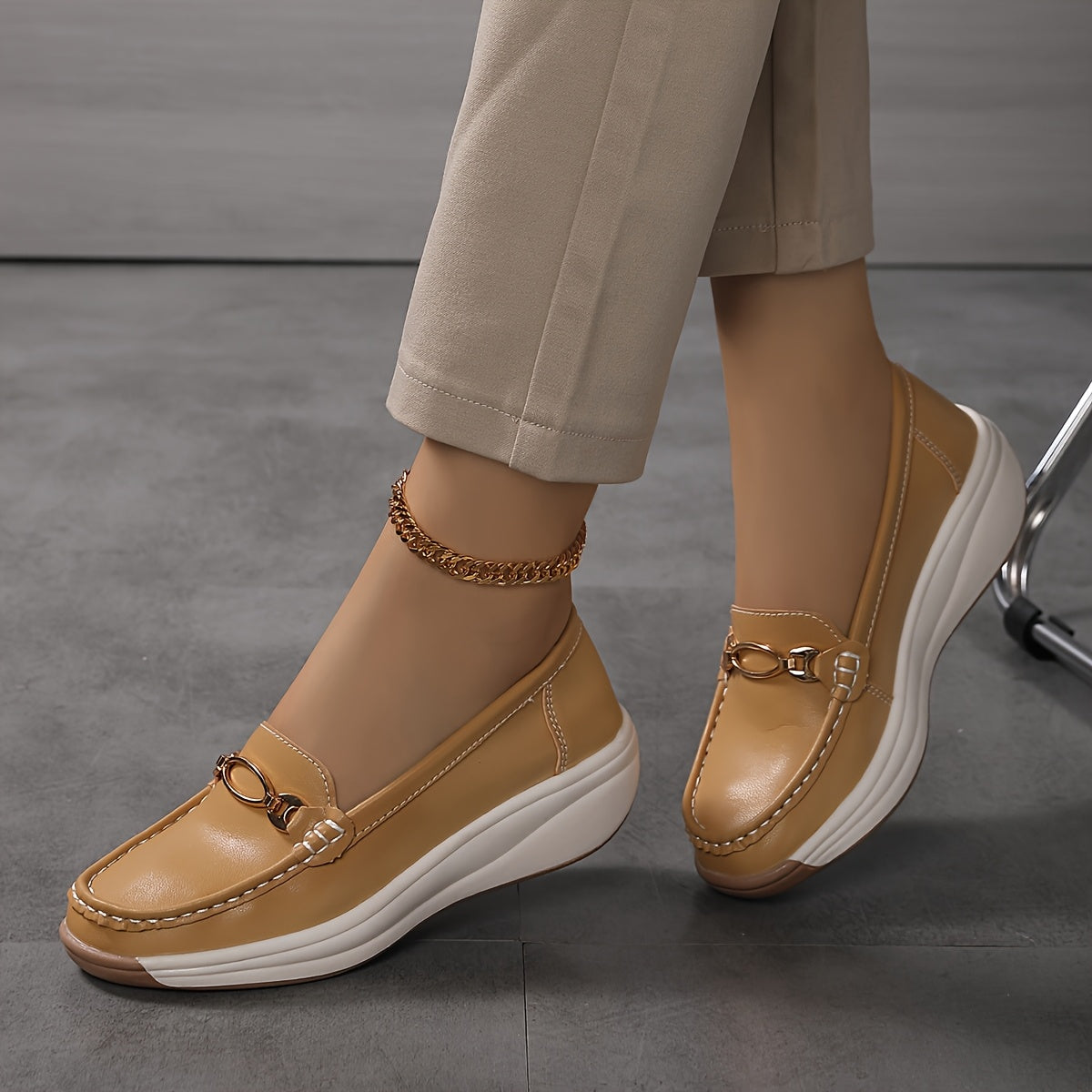 Women's Faux Leather French-Style Loafers with Metallic Buckle Beige