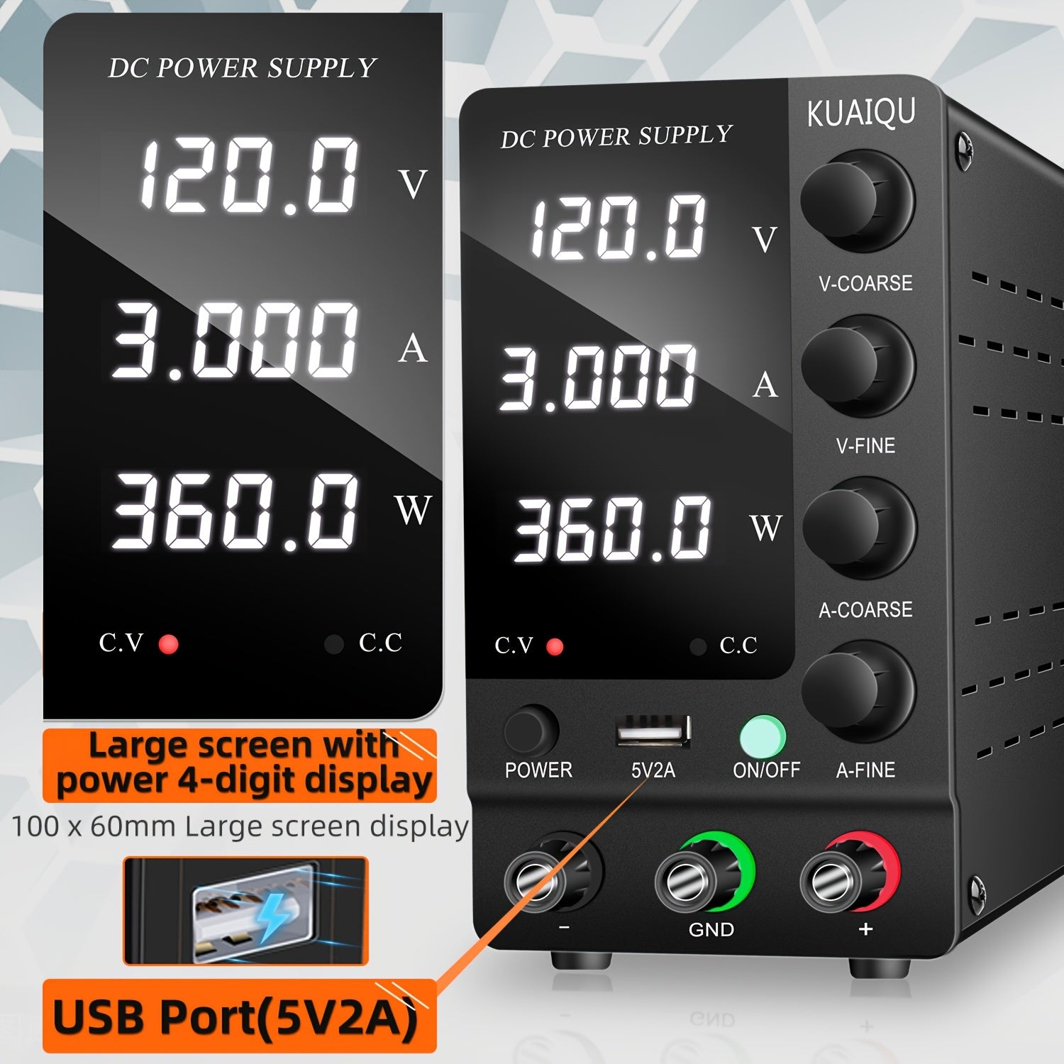 Variable DC Power Supply with USB Fast Charge Digital Display European Plug Iron Construction