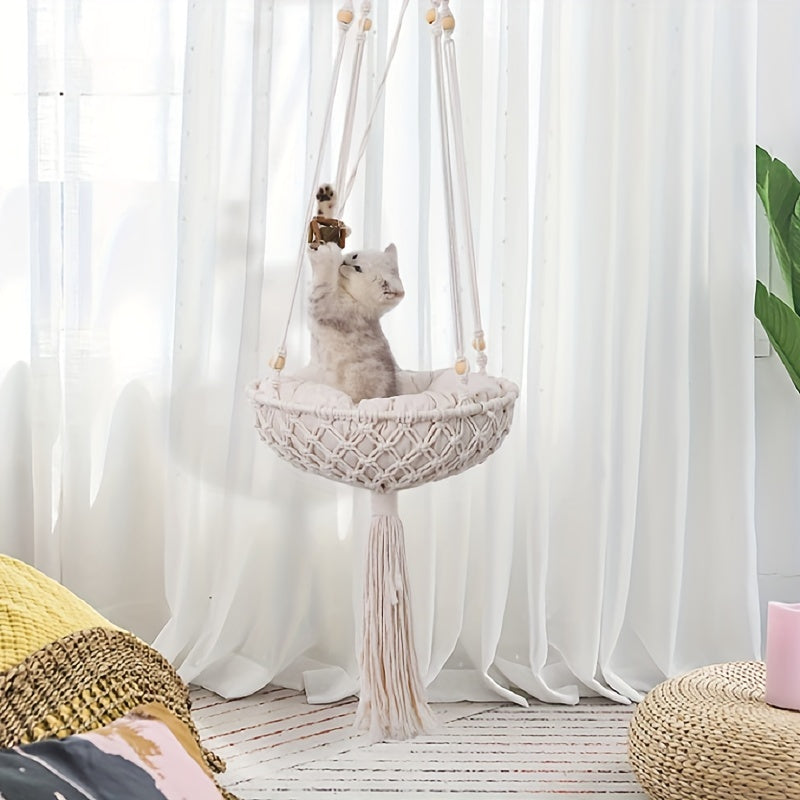 Handwoven Hanging Cat Hammock Boho Macrame Bed with Cushions and Hook Set