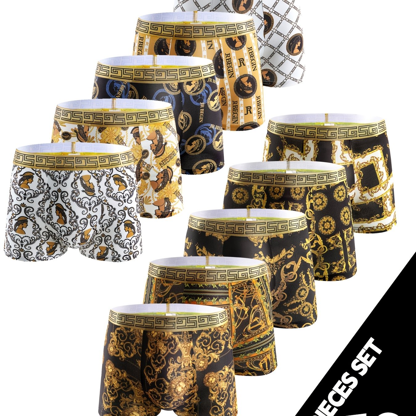 Set of 10 Geometric Pattern Boxer Briefs for Men Polyester Elastane Medium Stretch