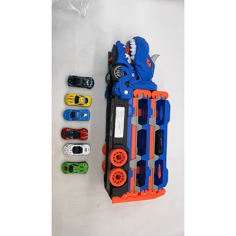 3-in-1 Dinosaur Transformer Truck Playset with 6 Mini Cars and Dual Track Racing