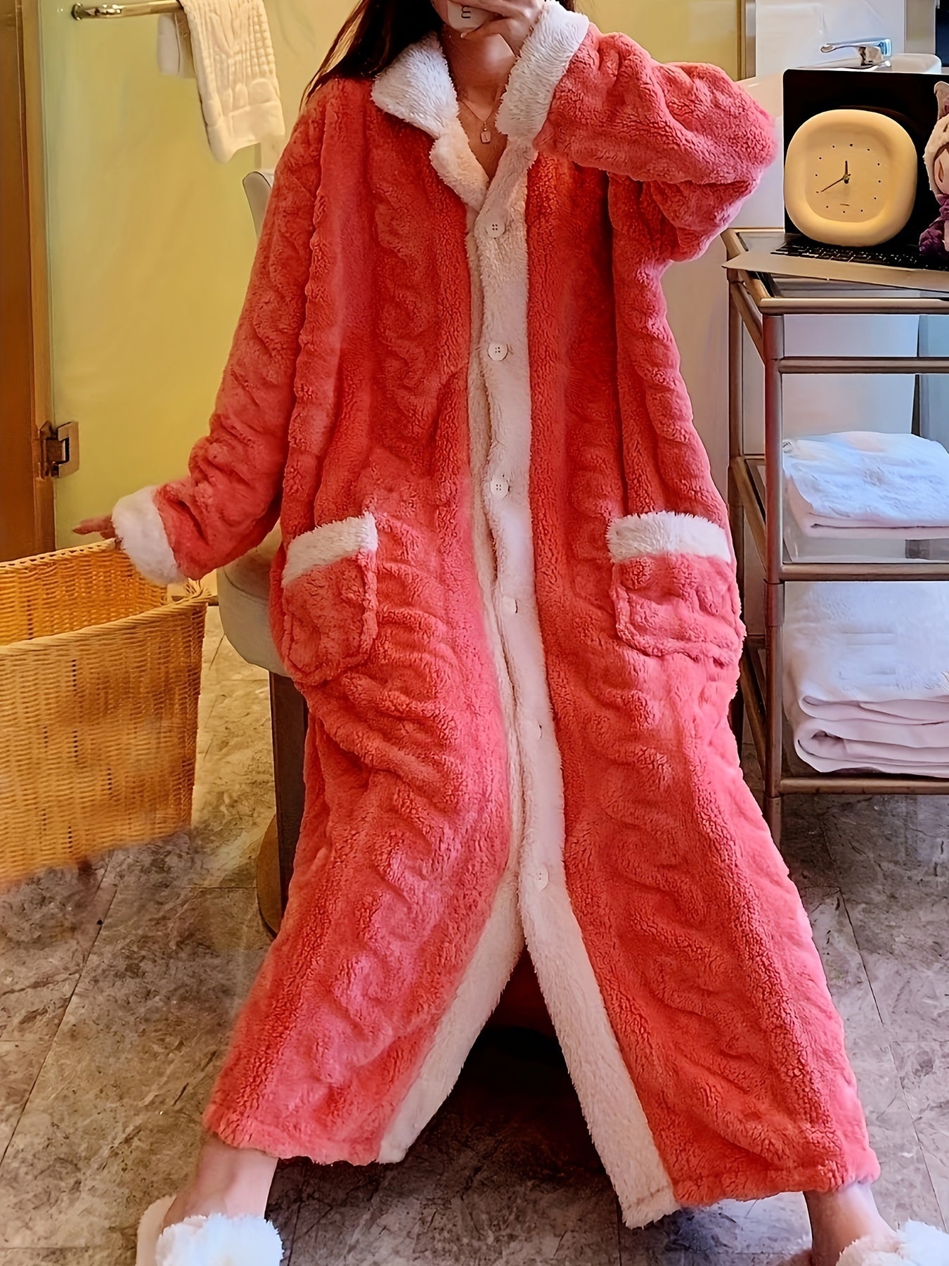 Women's Fleece-Lined V-Neck Sleep Robe with Pockets and Floral Pattern