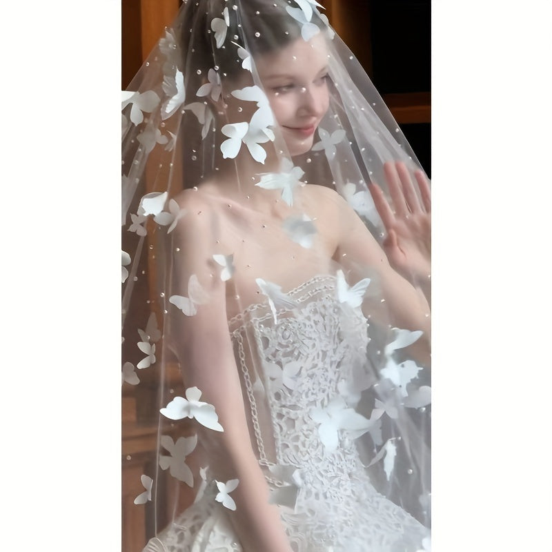 Velo de novia con perlas de imitación y detalles de mariposa para bodas