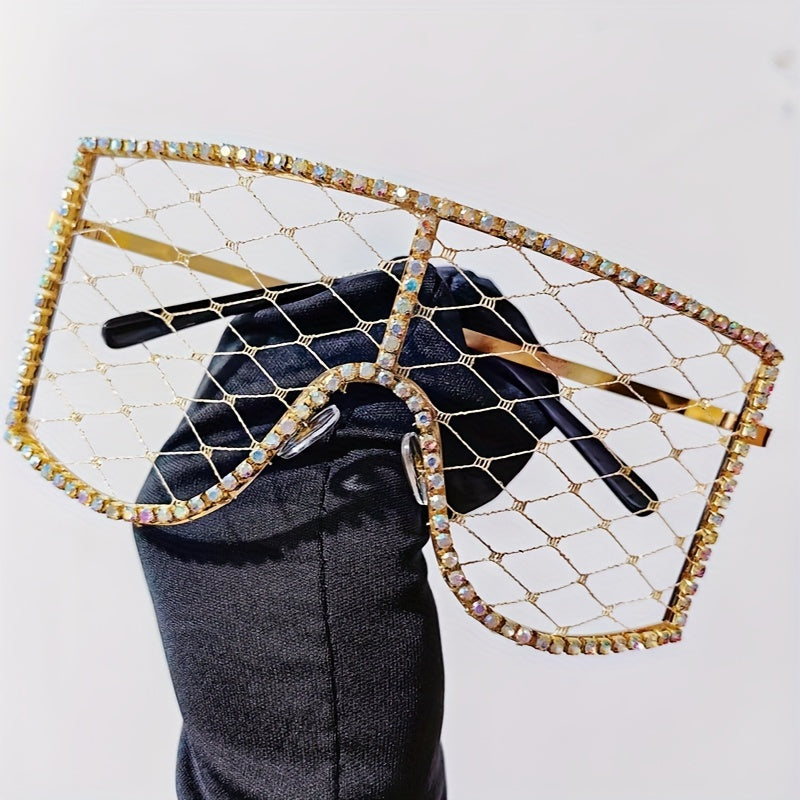 Women's Fashion Shield Glasses with Mesh and Rhinestones for Party and Prom
