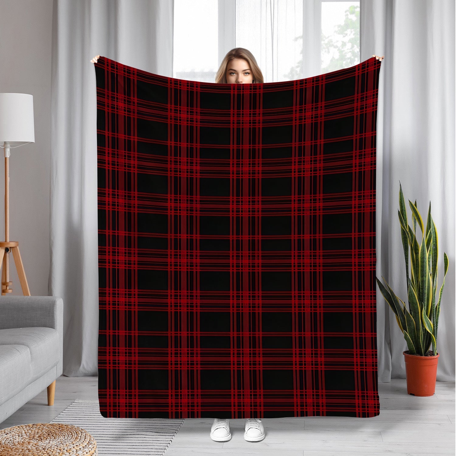 Red and Black Plaid Throw Blanket for Couch Bed and Office Use