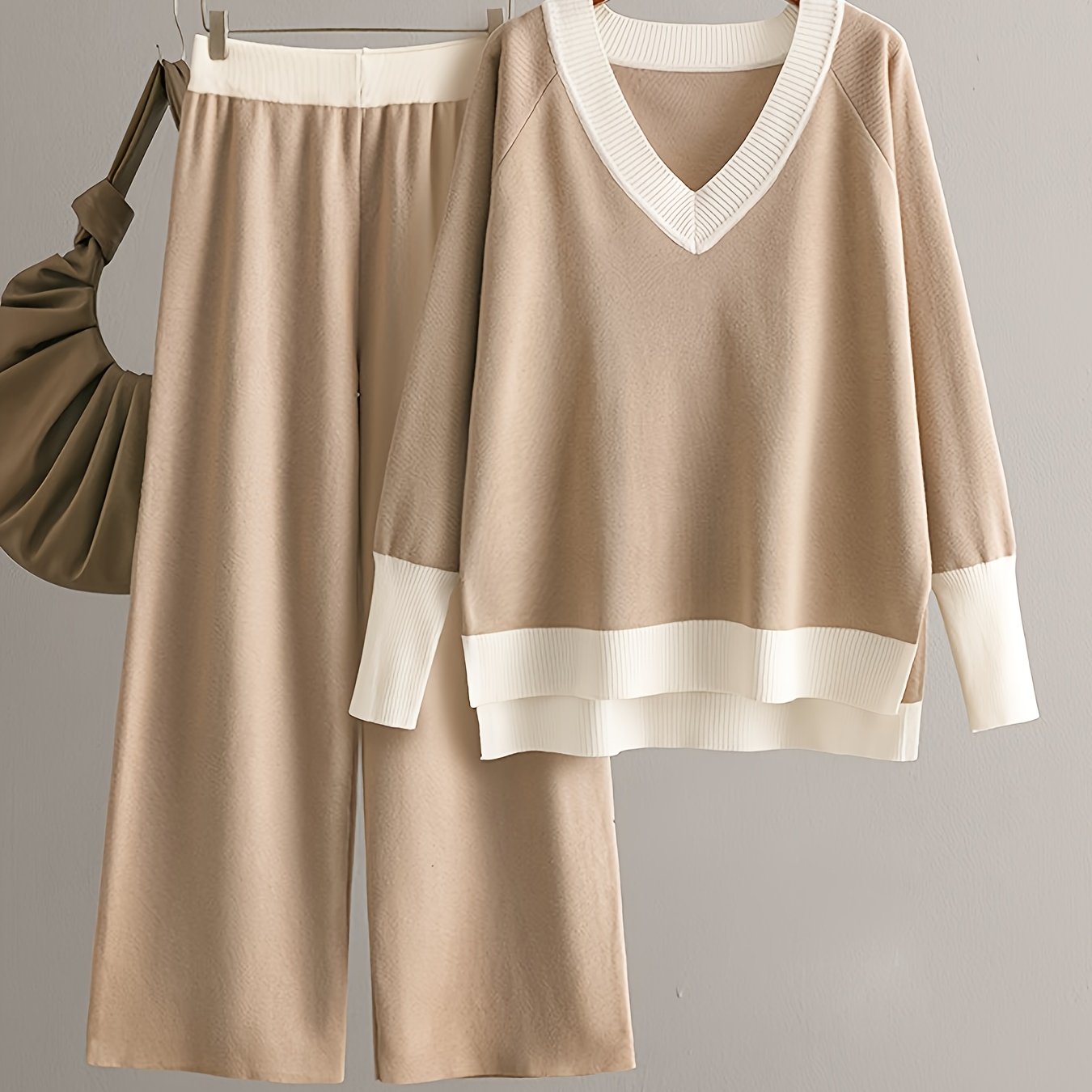 Viscose Knit Women's Two-Piece Outfit Color Block V-Neck Sweater and Trousers