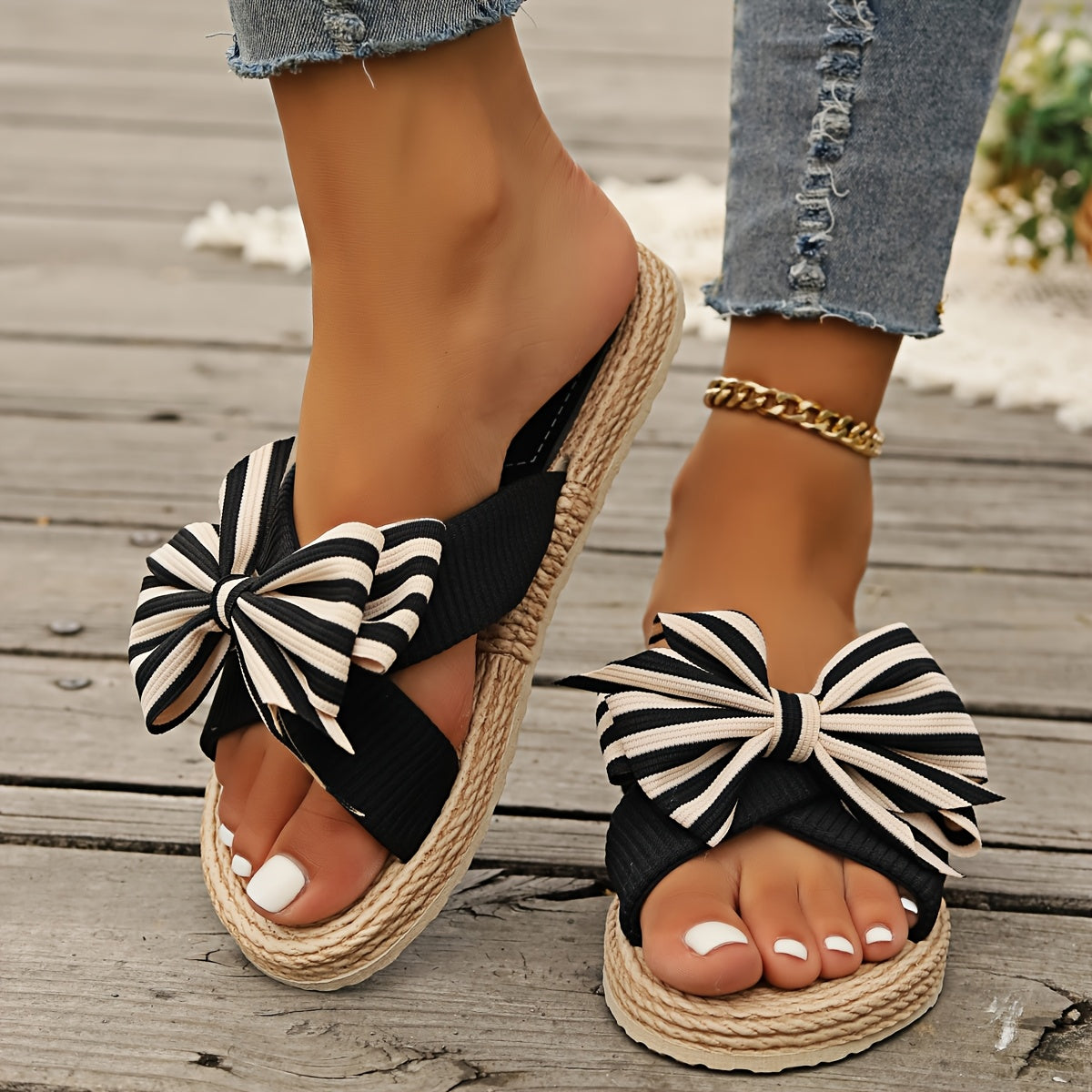 Women's Summer Striped Bowknot Slides Flat Beach Sandals with Ankle Strap