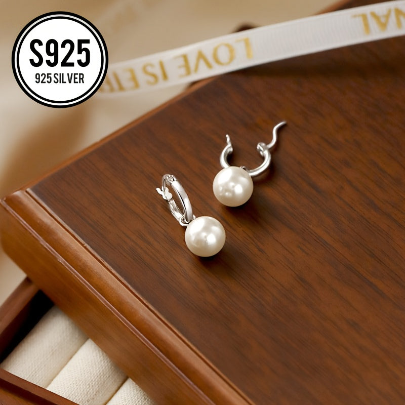 Sterling Silver Pearl Hoop Earrings Hypoallergenic White Gold Plated Oval Shape for Special Occasions