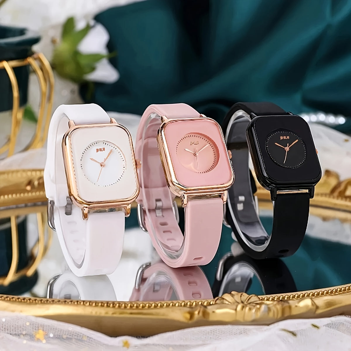 Set de reloj de pulsera de cuarzo con esfera cuadrada y banda de silicona para mujer, con caja de aleación de zinc y diseño de tres piezas