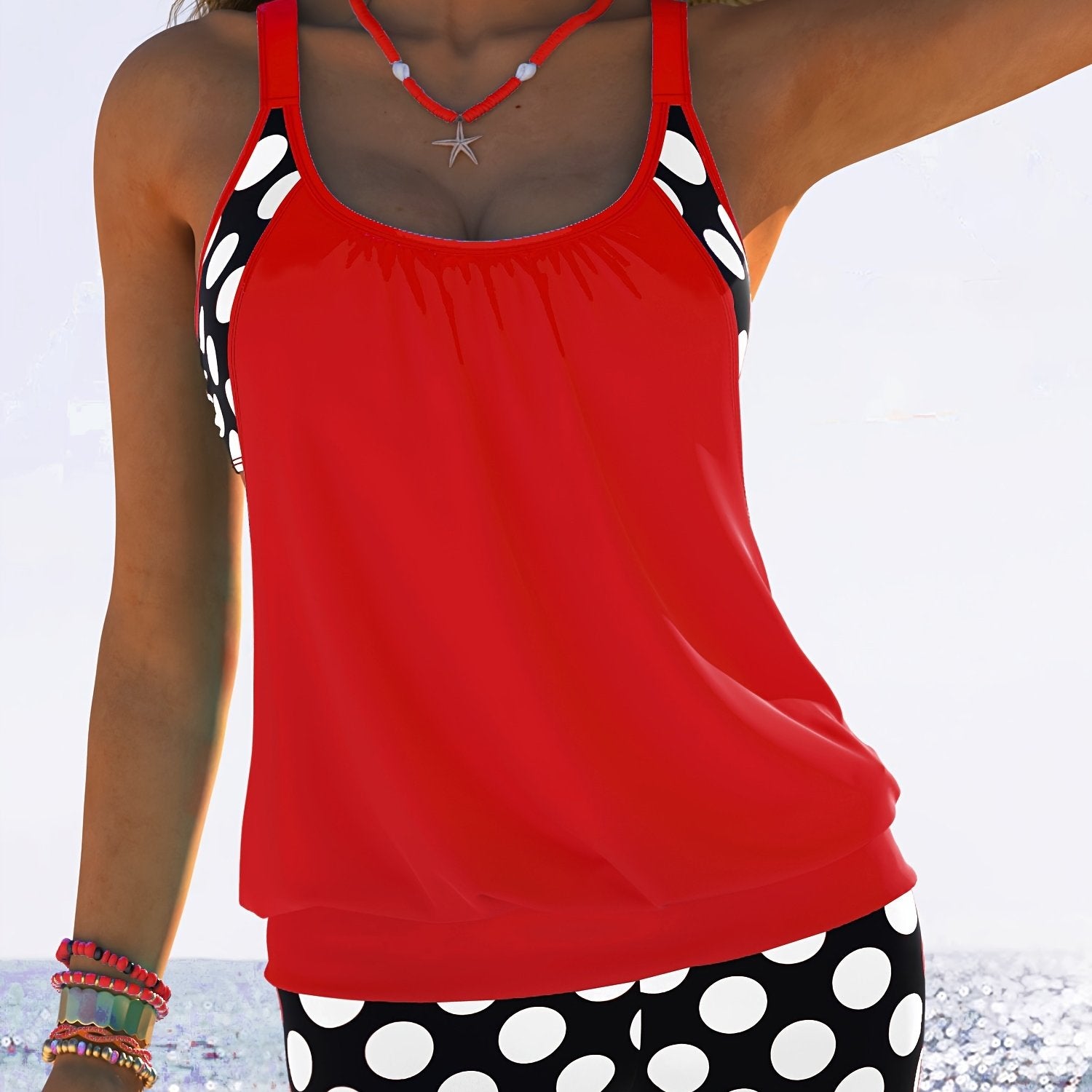 Women's Yellow and Black Polka Dot Tankini Set with Ruching and High-Waisted Shorts