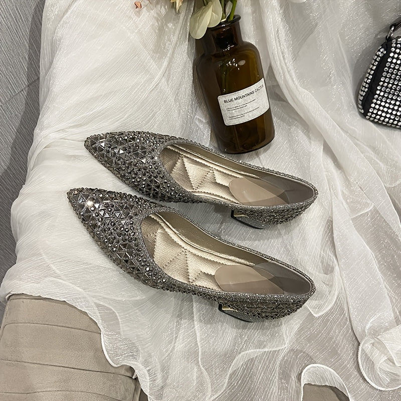 Ayollar uchun fransuz uchburchak botiqli, qalin poyali, ochiq botiqli rhinestone flats tufli