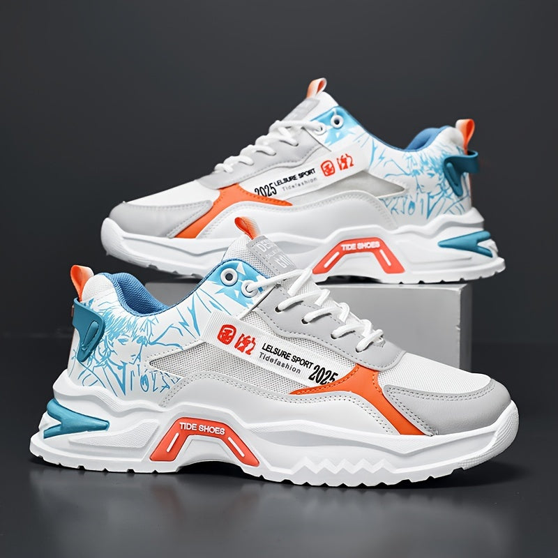 Men's Vintage Preppy Style Sneakers with Cartoon Pattern Breathable Non-Slip PU Casual Shoes