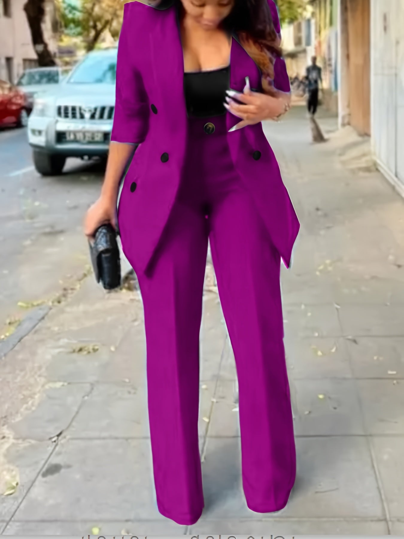 Conjunto de traje de blazer de poliéster sólido para mujer con doble botonadura y pantalones de pierna recta
