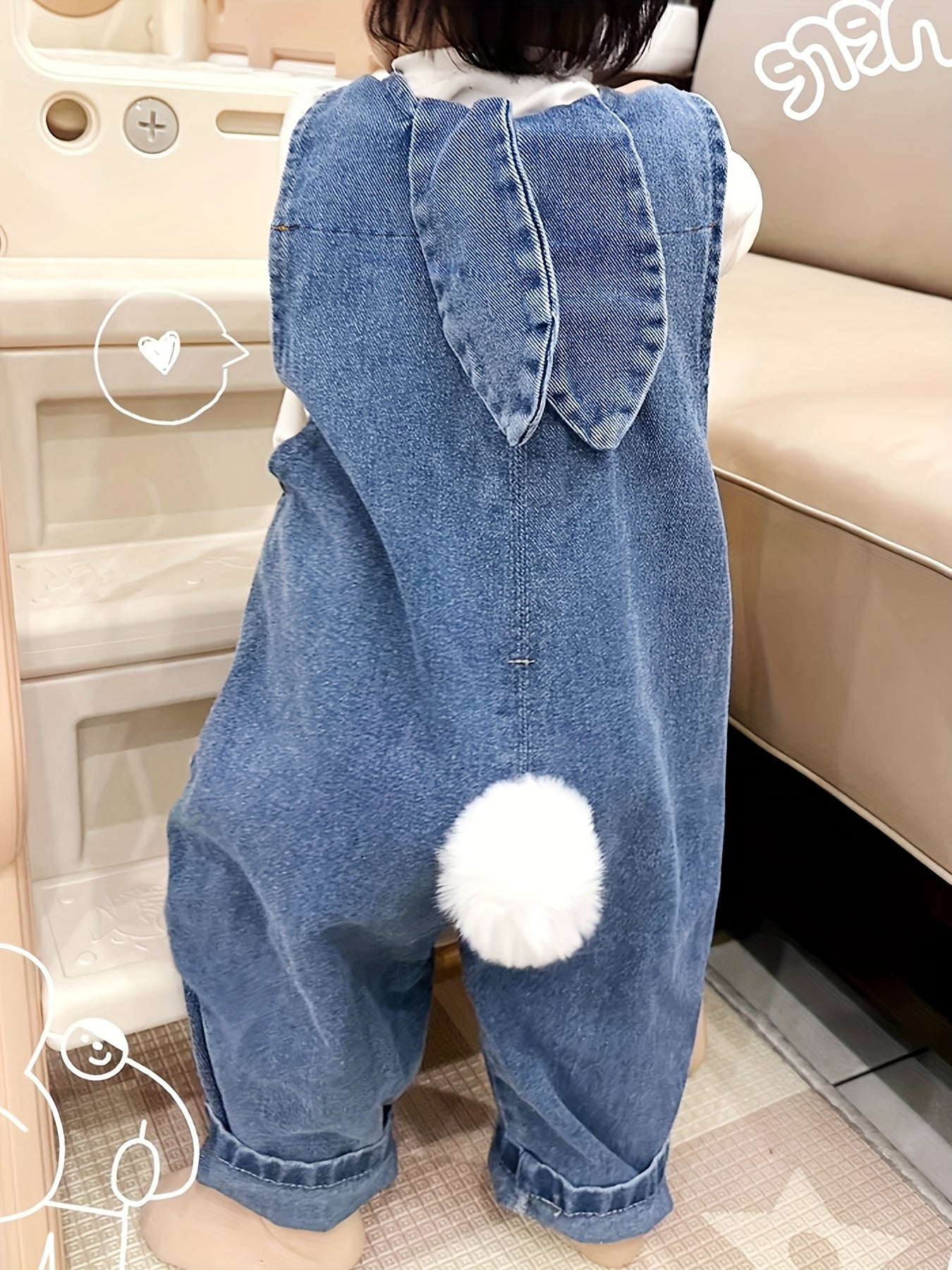 Kids Light Blue Denim Overalls with Rabbit Ear Details Casual Loose Fit for Spring and Autumn