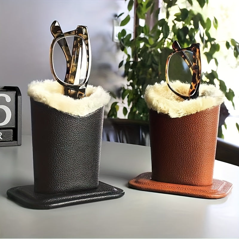 Glasses Holder with Plush Lining and Leather Exterior for Desk or Nightstand