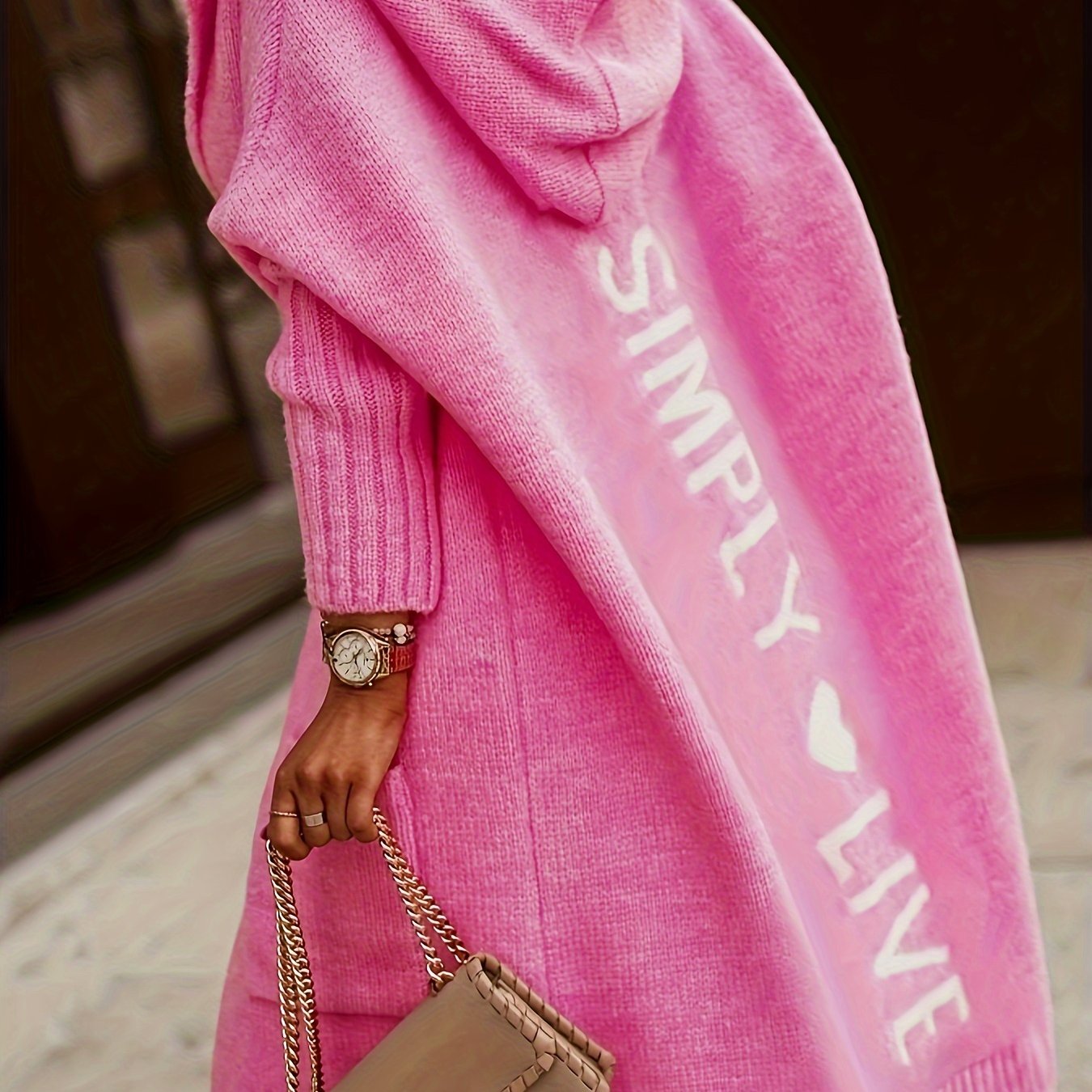 Кардиган с капюшоном большого размера с принтом букв и сердечек, открытая передняя часть, карманы, осень-зима, вязанный, полиэстер