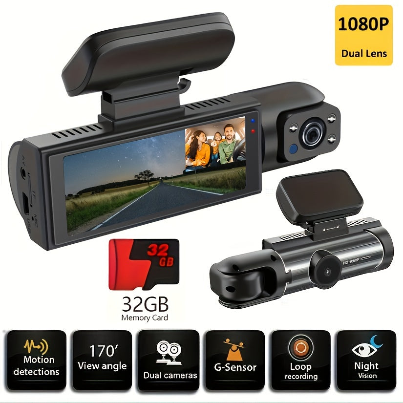 Car Dash Camera 1080P Front and Inside 720P Night Vision 32G SD Loop Recording Wide Angle