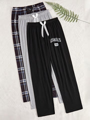 Women's Pajama Bottoms 3-Piece Set Plaid Letter Print Loose Fit Sleep Pants