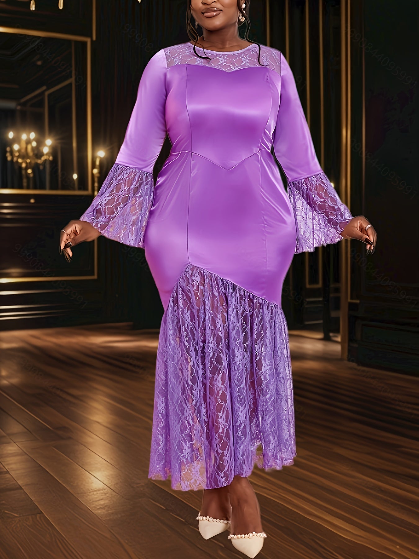 Women's Satin Lace Mermaid Evening Gown with Flared Sleeves and Round Neck