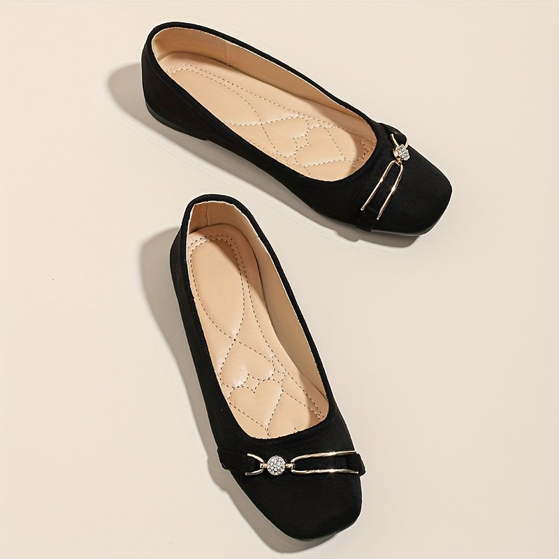 Women’s Black Slip-On Flats with Metallic Buckle, Comfort Fabric, Rubber Sole