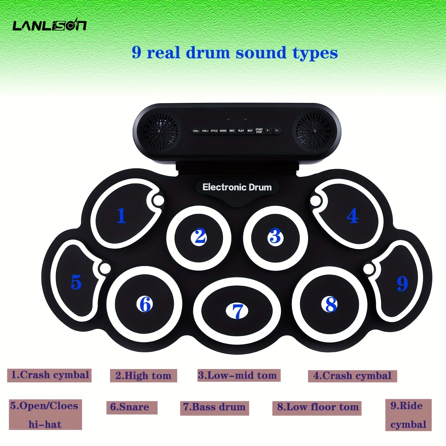 Roll-up Electronic Drum Set with 9 Practice Pads Built-in Speakers and 10-Hour Playtime
