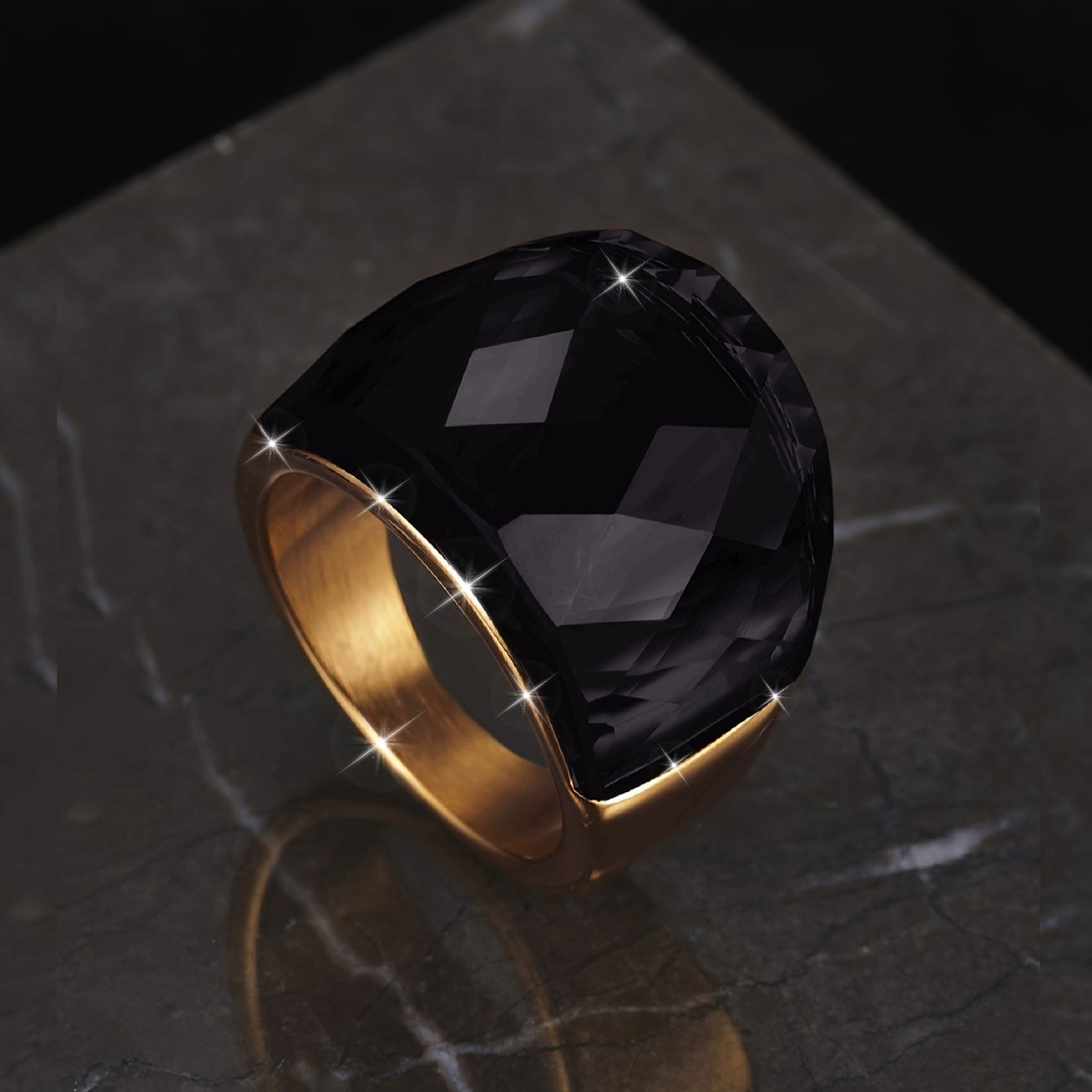 Stainless Steel Ring with Black Synthetic Stone for Men and Women