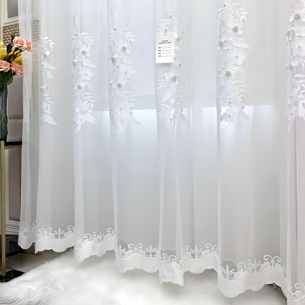 White Embroidery Yarn Curtain with Flowers and Faux Pearl Beads for Home Decor